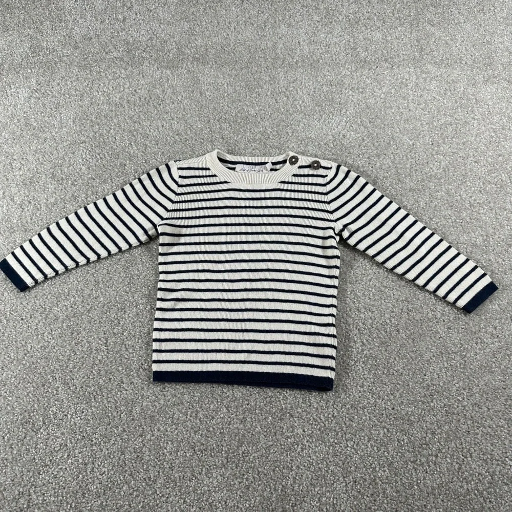 HM‎ LOGG Kids Navy Cream Striped Knit Sweater Button Shoulder Size 2-4Y